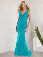 Vestido de novia de gasa con encaje, escote en V y largo hasta el suelo, con apliques de lentejuelas, estilo sirena