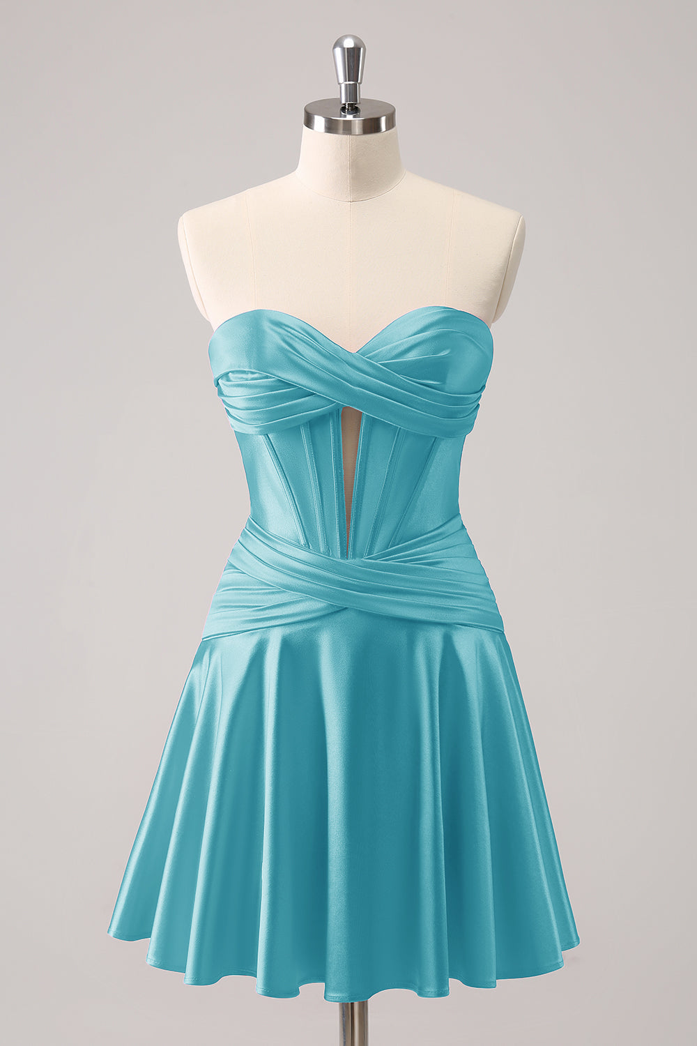 Hermoso vestido de fiesta fucsia con escote en forma de A, corsé cruzado y volantes