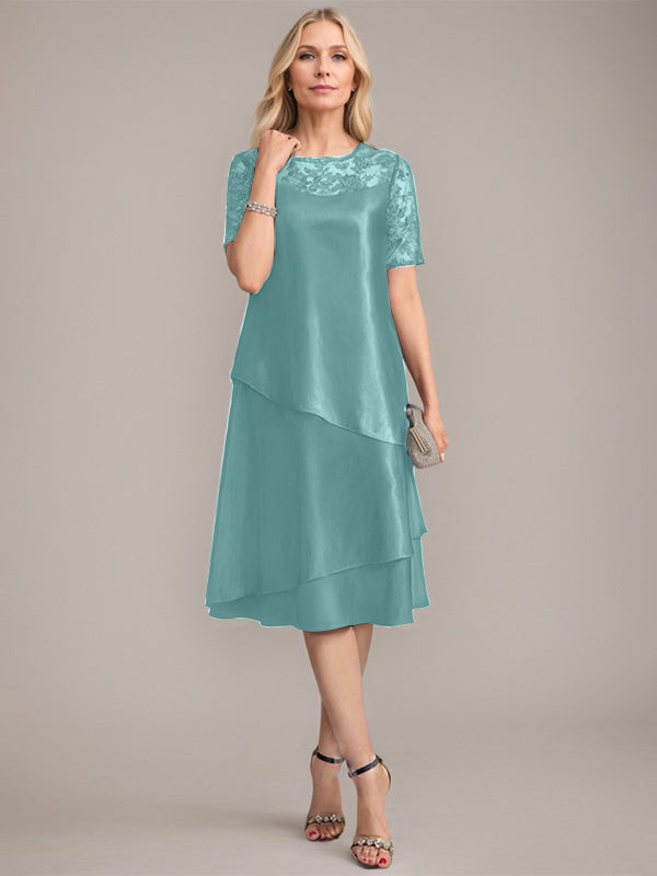 Vestido de madre de la novia con corte en A, escote redondo y largo hasta la rodilla, con apliques y lentejuelas
