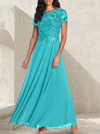 Vestido largo de madre de la novia con escote redondo, corte A, color gris carbón y cuentas