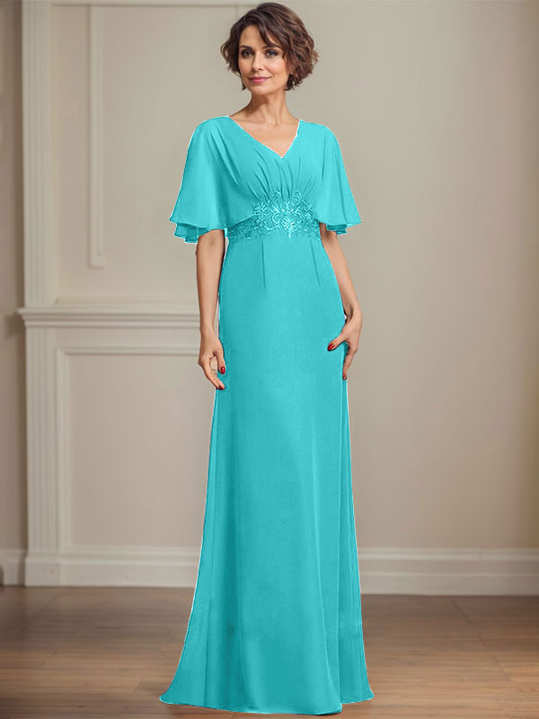A-Linie V-Ausschnitt Bodenlanges Chiffonkleid für die Brautmutter mit plissierten Paillettenapplikationen Spitze