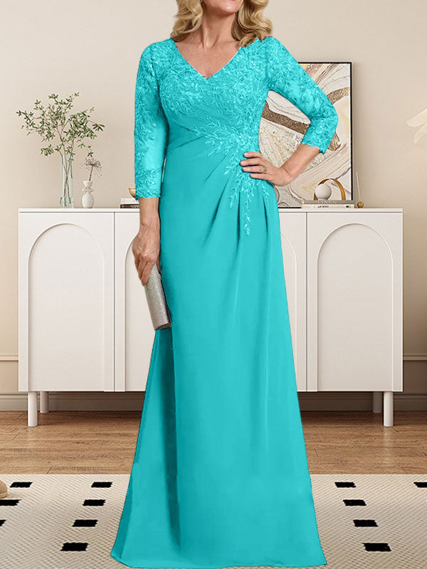 Vestido de madre de la novia de gasa con encaje, escote en V, ilusión, largo hasta el suelo, con lentejuelas plisadas