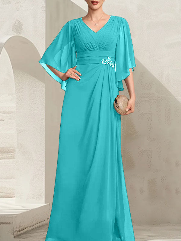 Etui-Linie/Säule V-Ausschnitt Bodenlang Chiffon Kleid für die Brautmutter mit Plissee Pailletten Perlenbesatz