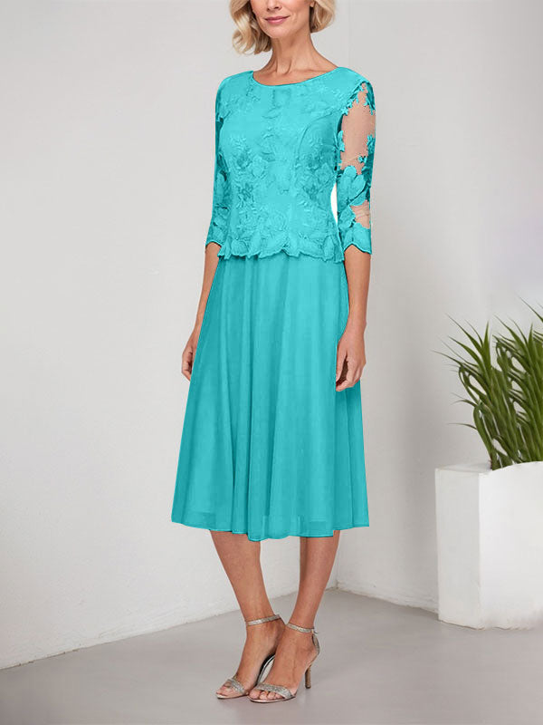 Vestido de gasa con encaje y bordado para madre de la novia, corte A, escote redondo y largo hasta la rodilla