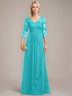 A-Linie V-Ausschnitt Bodenlanges Spitzen-Chiffon-Kleid für die Brautmutter mit kaskadierenden Rüschen und Pailletten 