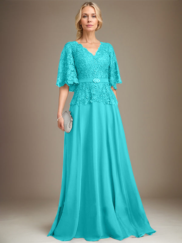 A-Linie V-Ausschnitt Bodenlanges Chiffon-Spitzenkleid für die Brautmutter mit Kristallbrosche und Strass 