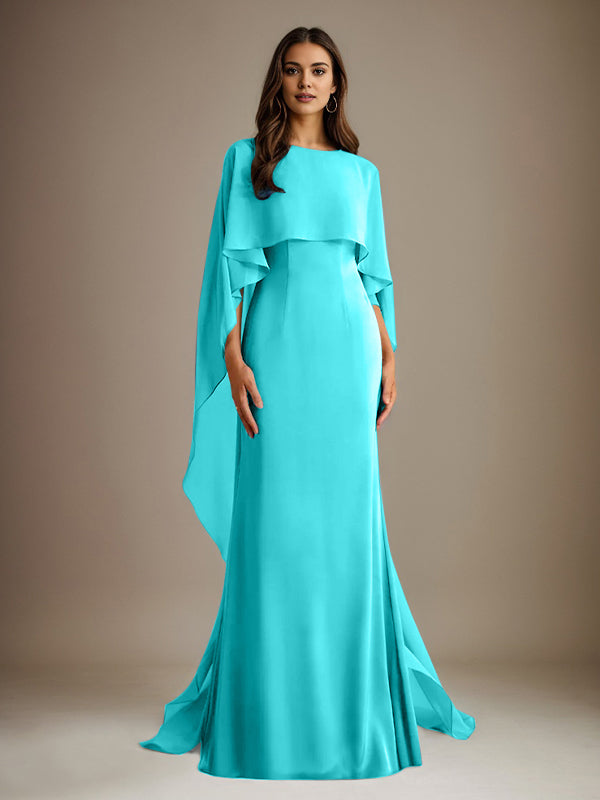 Vestido de gasa para madre de la novia, largo hasta el suelo, con escote barco y corte tubo/columna y volantes en cascada