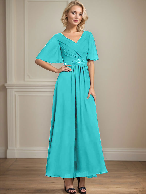 Vestido de gasa para madre de la novia con escote en V, largo hasta los tobillos, corte A y lentejuelas plisadas con cuentas