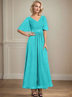 Vestido de gasa para madre de la novia con escote en V, largo hasta los tobillos, corte A y lentejuelas plisadas con cuentas