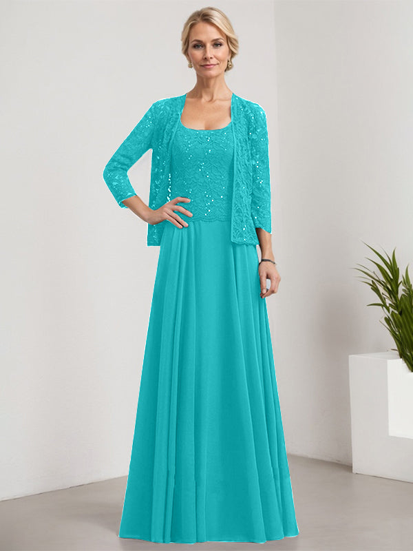 Vestido de madre de la novia de gasa con encaje, corte A, largo hasta el suelo, cuadrado y lentejuelas
