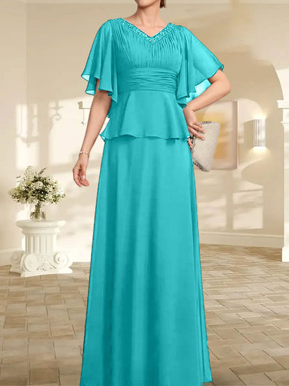 A-Linien-Kleid aus Chiffon mit V-Ausschnitt und bodenlangem Schnitt für die Brautmutter mit plissierten Perlen