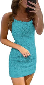 Vestidos de fiesta sin mangas con tirantes finos y encaje azul de columna corta 