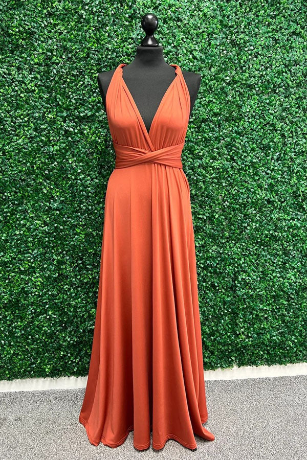 Vestido de dama de honor naranja cruzado con giro, vestido largo de dama de honor BD135