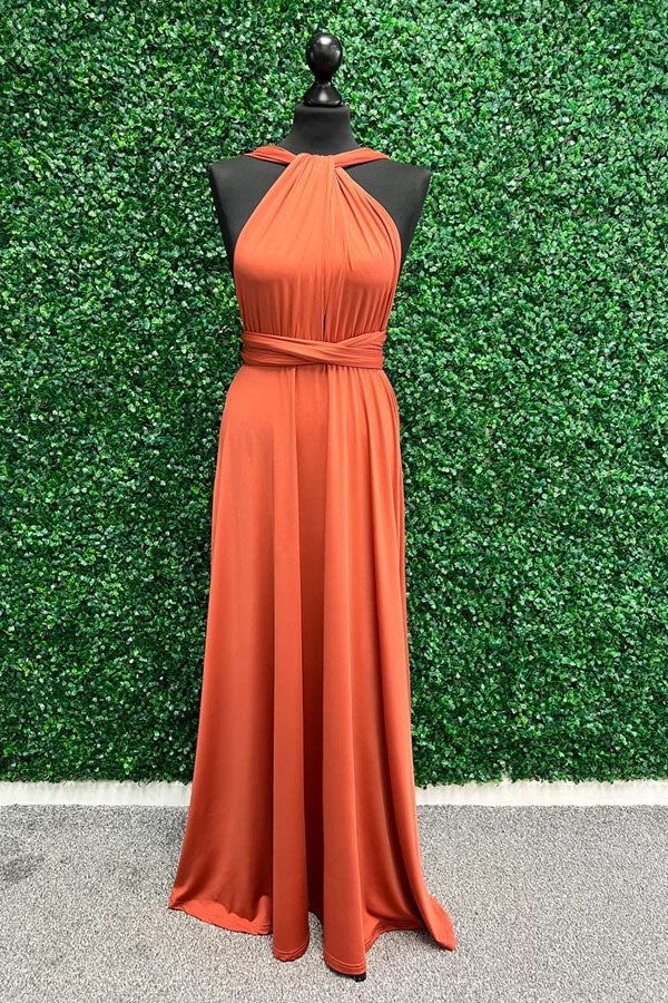 Vestido de dama de honor naranja cruzado con giro, vestido largo de dama de honor BD135