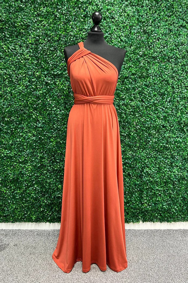 Vestido de dama de honor naranja cruzado con giro, vestido largo de dama de honor BD135