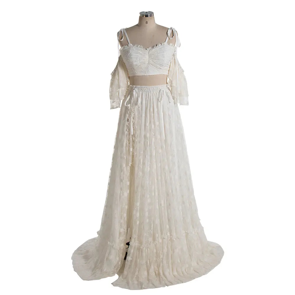 Two Piece Set Lace Cold-Shoulder Boho Dress for Photo Shoot Maxi Dress Fancy Photography Props SY240085