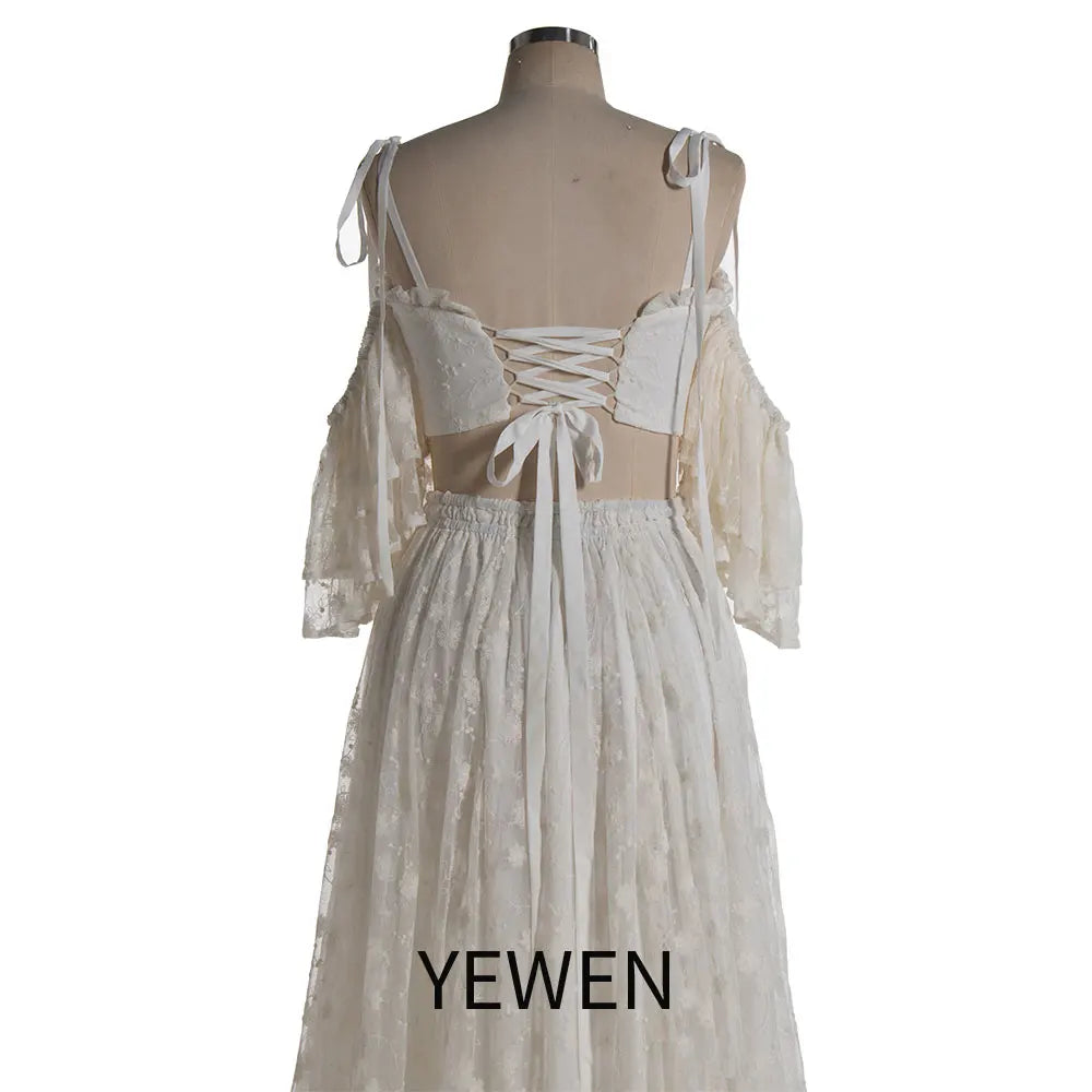 Two Piece Set Lace Cold-Shoulder Boho Dress for Photo Shoot Maxi Dress Fancy Photography Props SY240085