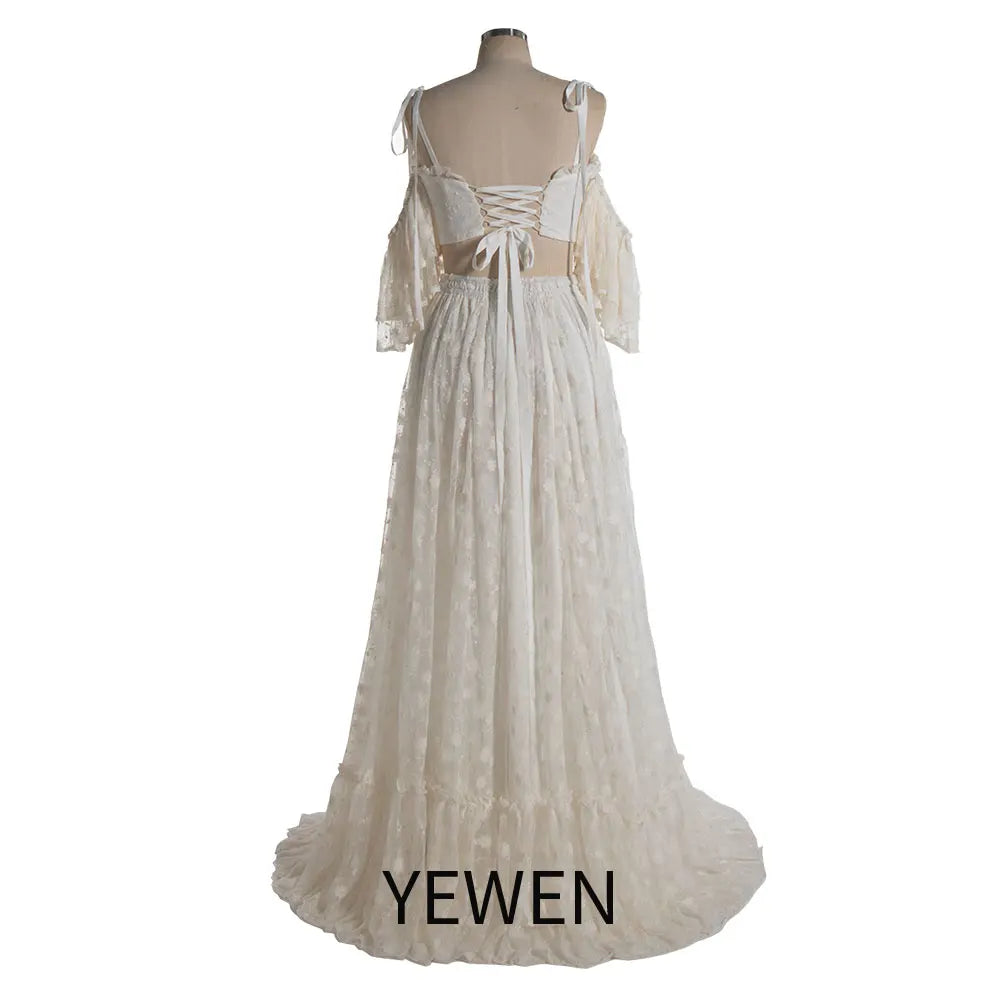 Two Piece Set Lace Cold-Shoulder Boho Dress for Photo Shoot Maxi Dress Fancy Photography Props SY240085