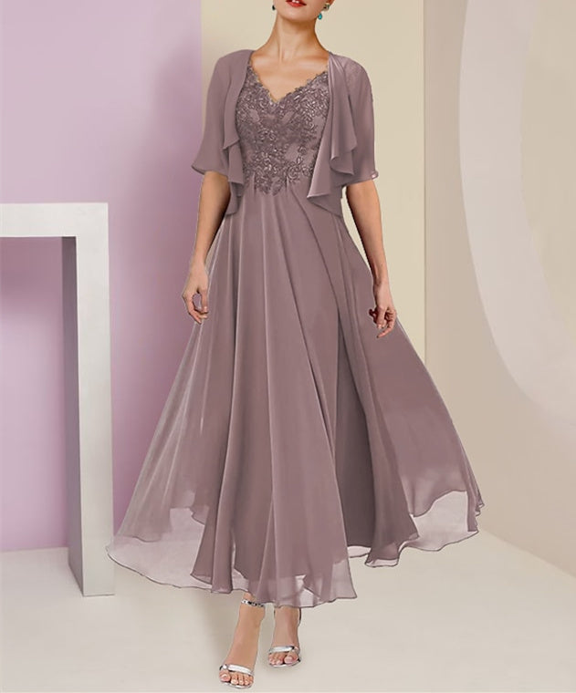 Vestido de novia de gasa con escote en V, manga corta, corte princesa, con encaje, chaqueta, pliegues y apliques