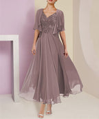 Vestido de novia de gasa con escote en V, manga corta, corte princesa, con encaje, chaqueta, pliegues y apliques