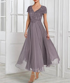 Vestido de novia de gasa con escote en V, manga corta, corte princesa, con encaje, chaqueta, pliegues y apliques