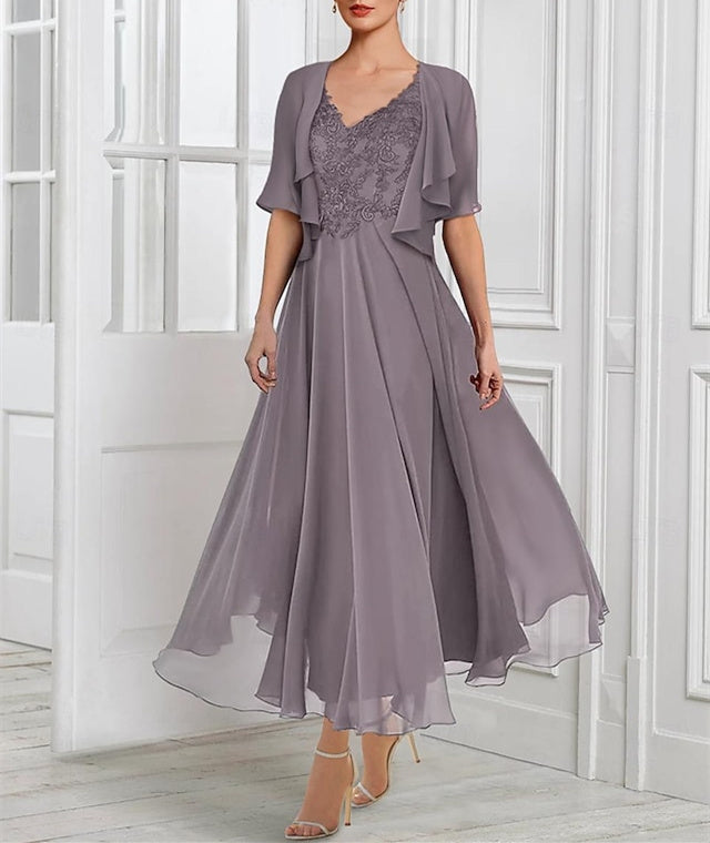Vestido de novia de gasa con escote en V, manga corta, corte princesa, con encaje, chaqueta, pliegues y apliques