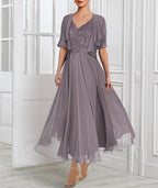 Vestido de novia de gasa con escote en V, manga corta, corte princesa, con encaje, chaqueta, pliegues y apliques