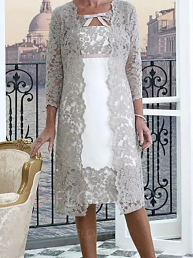 Vestidos para madre de la novia con escote joya, corte tubo/columna y largo hasta la rodilla