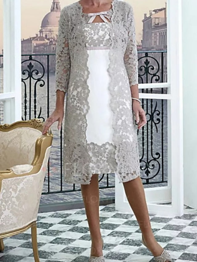 Vestidos para madre de la novia con escote joya, corte tubo/columna y largo hasta la rodilla