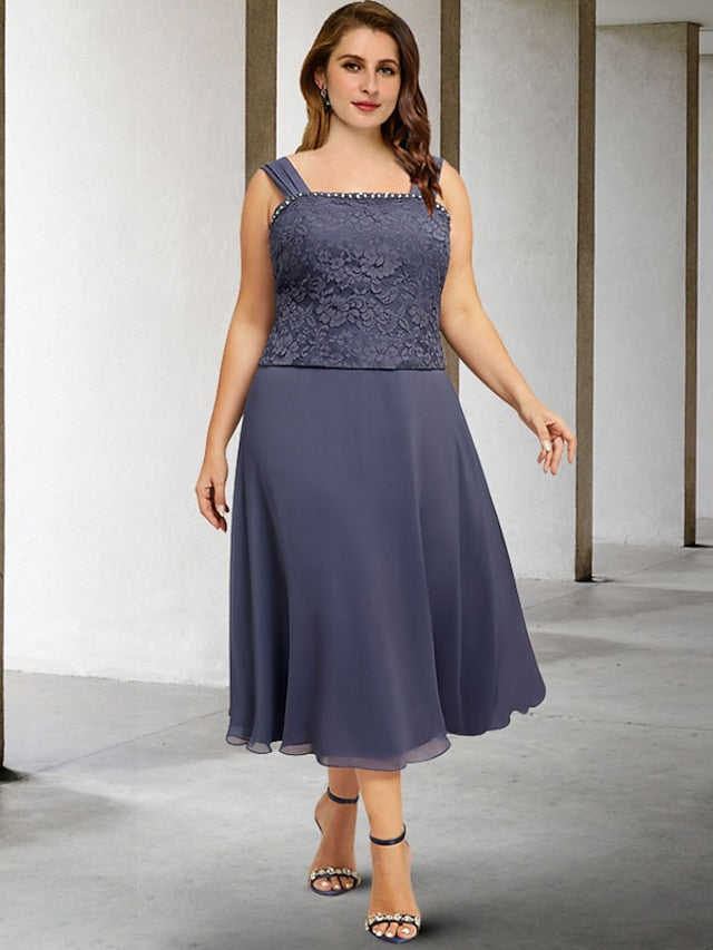 Vestidos de madre de la novia de corte A/princesa con tirantes finos y largo hasta la rodilla