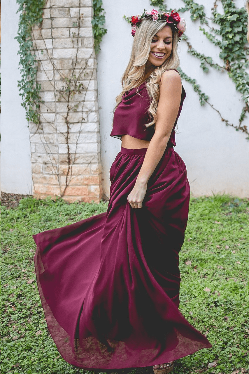 Vestido de dama de honor largo de dos piezas en color burdeos, corte A, BD095