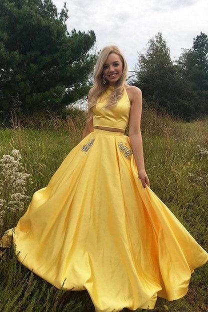 Two Piece Halter Neck Satin Long Prom Dress With Beading Pocket