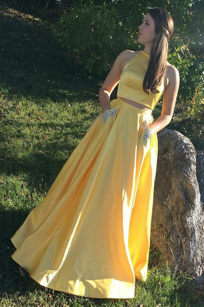 Two Piece Halter Neck Satin Long Prom Dress With Beading Pocket