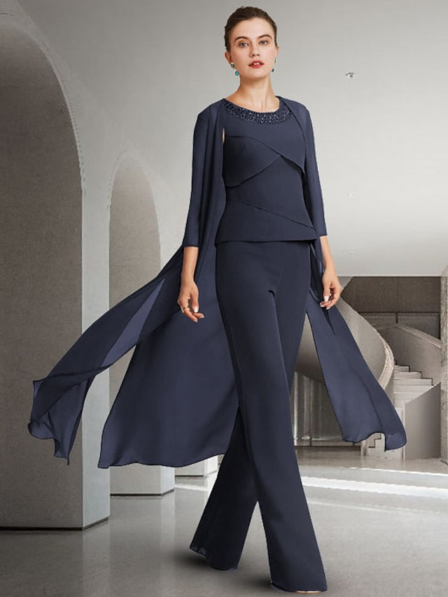 Trajes de pantalón de gasa con cuello joya para madre de la novia con chaqueta