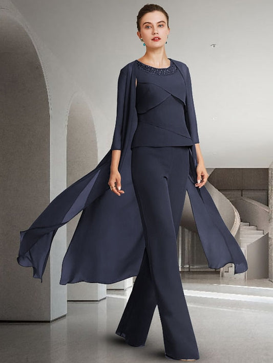 Chiffon-Hosenanzug mit Rundhalsausschnitt und Jacke für die Mutter der Braut 