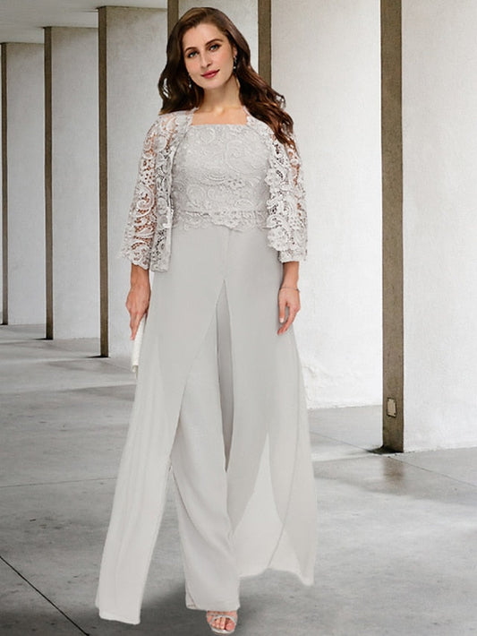 Chiffon-Hosenanzug mit quadratischem Ausschnitt und Jacke für die Mutter der Braut 
