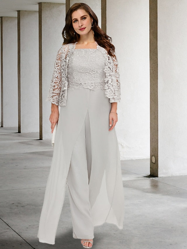 Chiffon-Hosenanzug mit quadratischem Ausschnitt und Jacke für die Mutter der Braut 