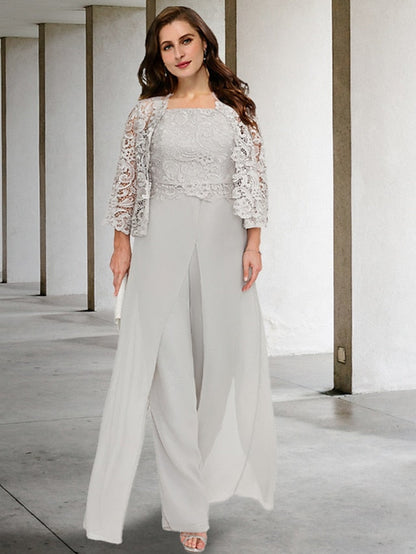 Chiffon-Hosenanzug mit quadratischem Ausschnitt und Jacke für die Mutter der Braut 