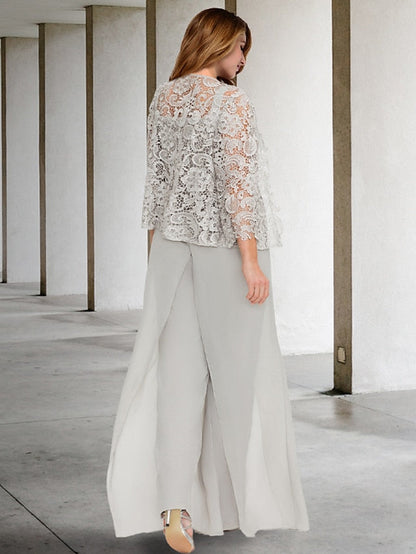 Chiffon-Hosenanzug mit quadratischem Ausschnitt und Jacke für die Mutter der Braut 
