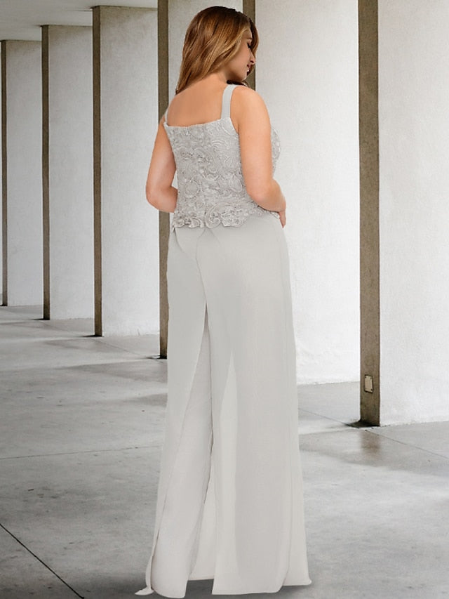 Chiffon-Hosenanzug mit quadratischem Ausschnitt und Jacke für die Mutter der Braut 