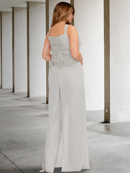 Chiffon-Hosenanzug mit quadratischem Ausschnitt und Jacke für die Mutter der Braut 