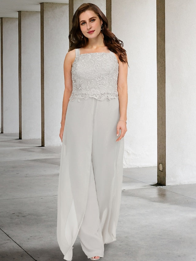 Chiffon-Hosenanzug mit quadratischem Ausschnitt und Jacke für die Mutter der Braut 