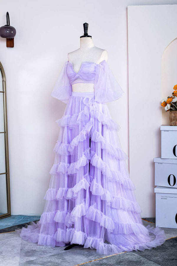 Vestido de fiesta de dos piezas color lavanda con hombros descubiertos, volantes y abertura PSK469
