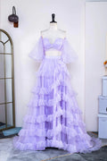 Vestido de fiesta de dos piezas color lavanda con hombros descubiertos, volantes y abertura PSK469