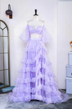 Vestido de fiesta de dos piezas color lavanda con hombros descubiertos, volantes y abertura PSK469
