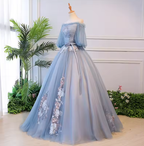Einzigartiges langes Ballkleid aus blauem Tüll mit Spitze, blaues Abendkleid S13770
