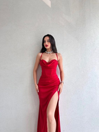 Vestido de noche largo de satén fruncido con escote corazón y corte tubo Y5713