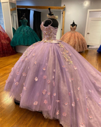 Hermoso vestido de quinceañera con tirantes finos, flores 3D y cola de corte, con encaje interior Y1247