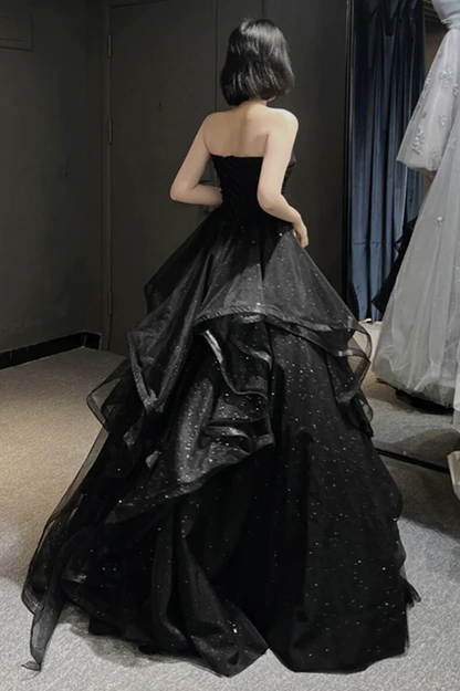 Schwarzes langes Ballkleid aus Tüll in A-Linie, Abendkleid Y74