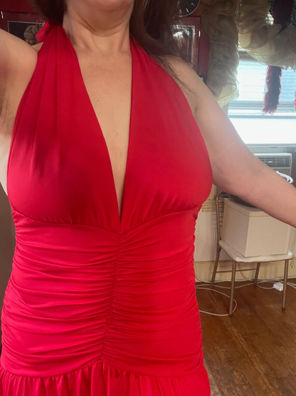 Vestido de fiesta marrón sexy con escote halter, espalda descubierta, corte A y abertura en V profundo, Y8481